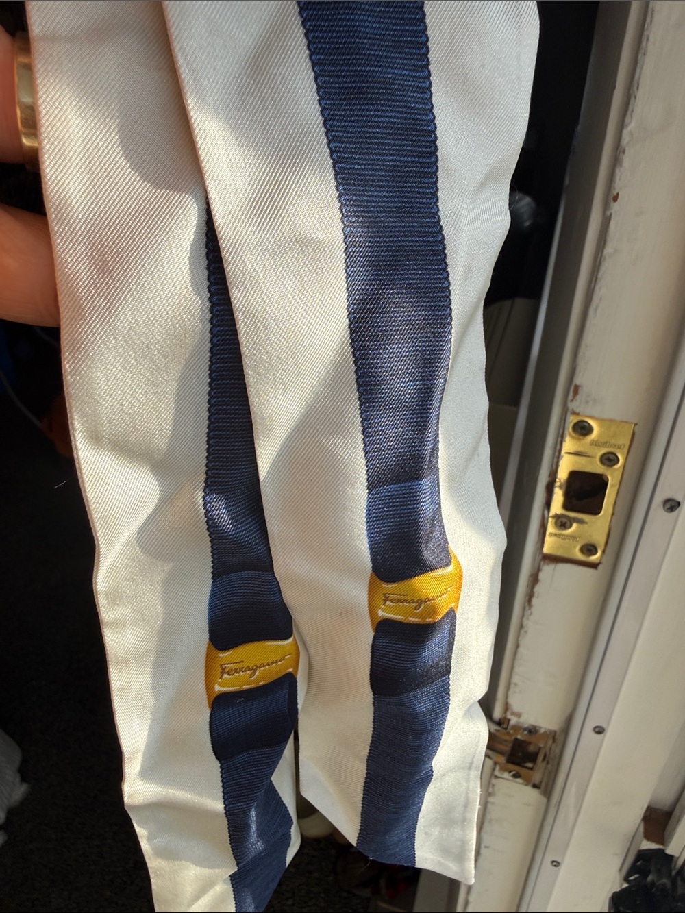 Salvatore Ferragamo Navy & White Striped Scarf with Yellow Logo Accent